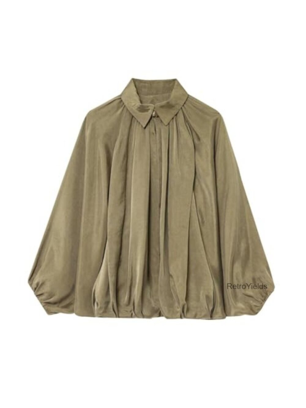 Oversized Puffed Bomber Jacket Batwing Sleeve Zip Front Pleated Casual
